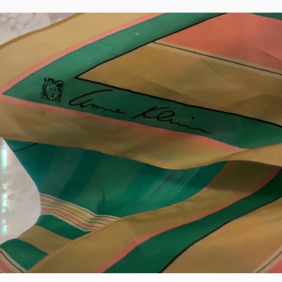 Vintage Anne Klein Oblong Scarf Green Pink Gold Stripe 62" Logo Retro 70s 80s - Picture 2 of 5